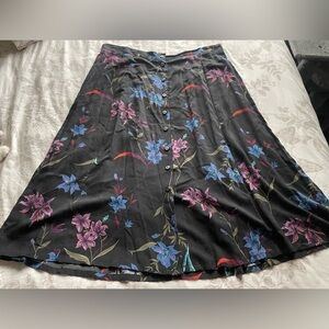 Vintage Black Floral Full Button Down Pull On Skirt 2X Whimsigoth Dark Cottage